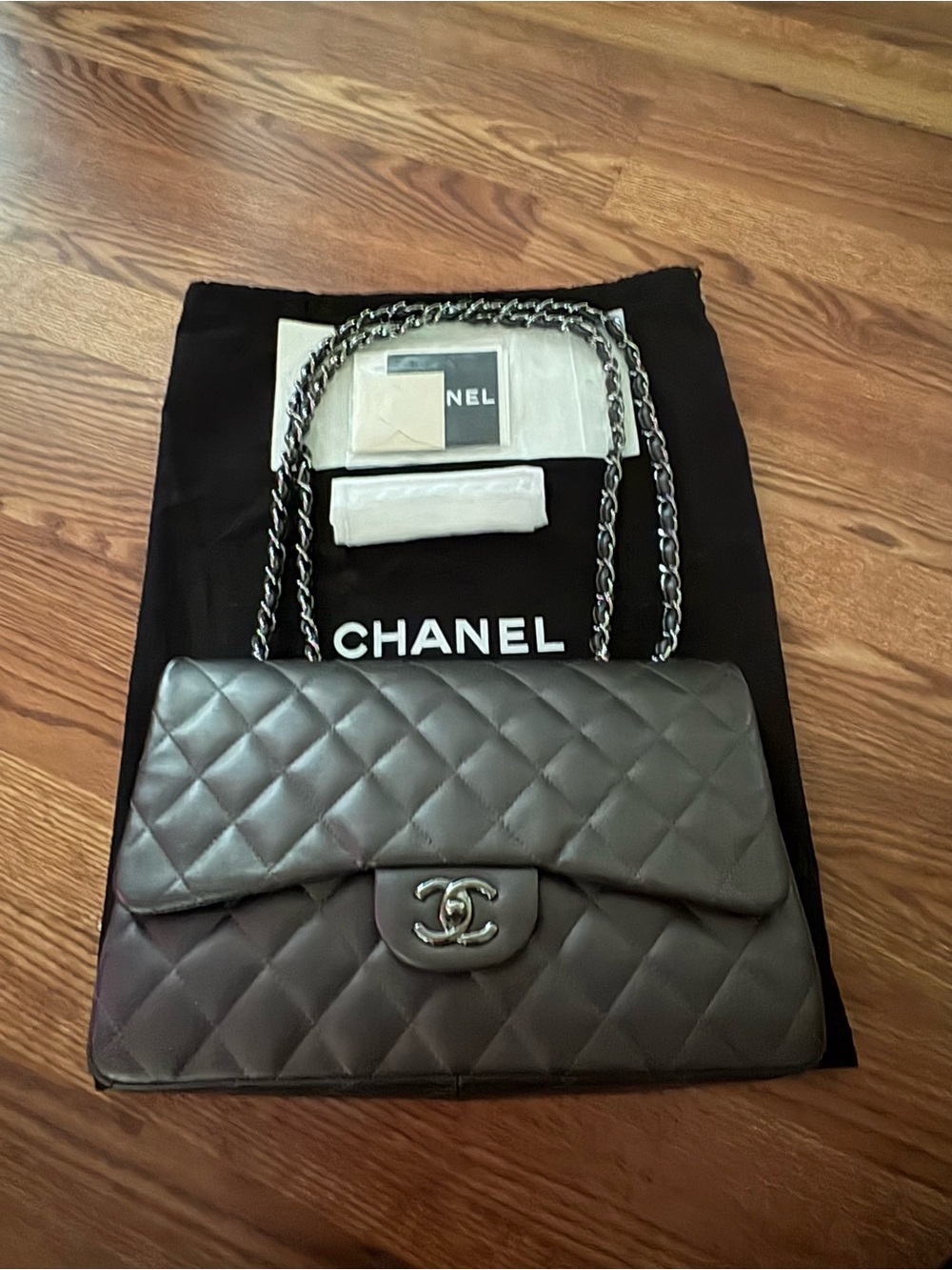 Chanel Medium Classic Double Flap Bag Metallic Grey Lambskin Silver Hardware